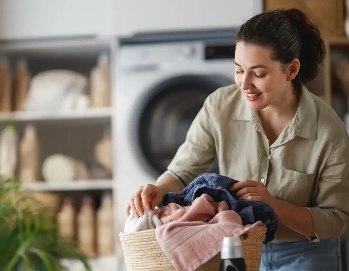 Customer sorting a basket of laundry for wash and fold